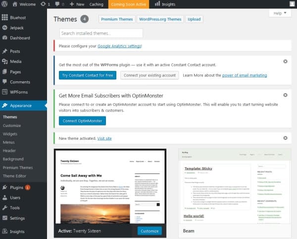 wordpress theme activation