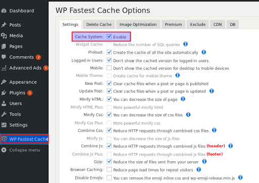 Configure WP fastest cache